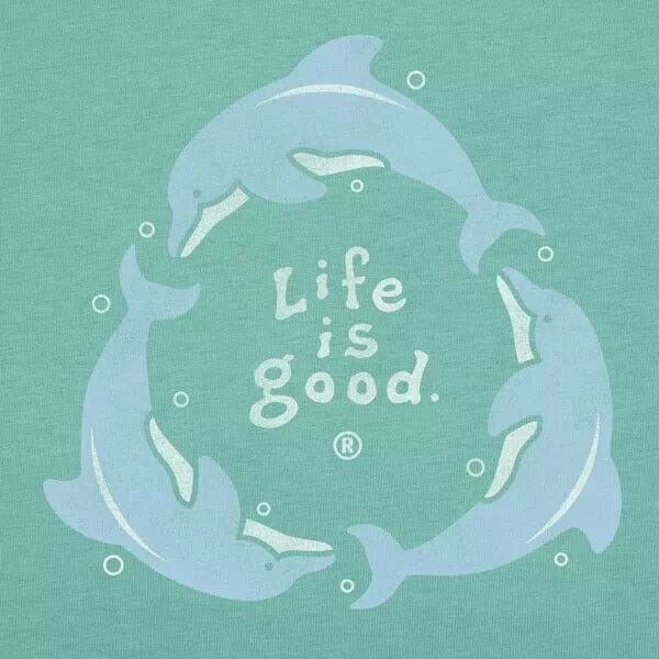 This may contain: two dolphins in a circle with the words life is good