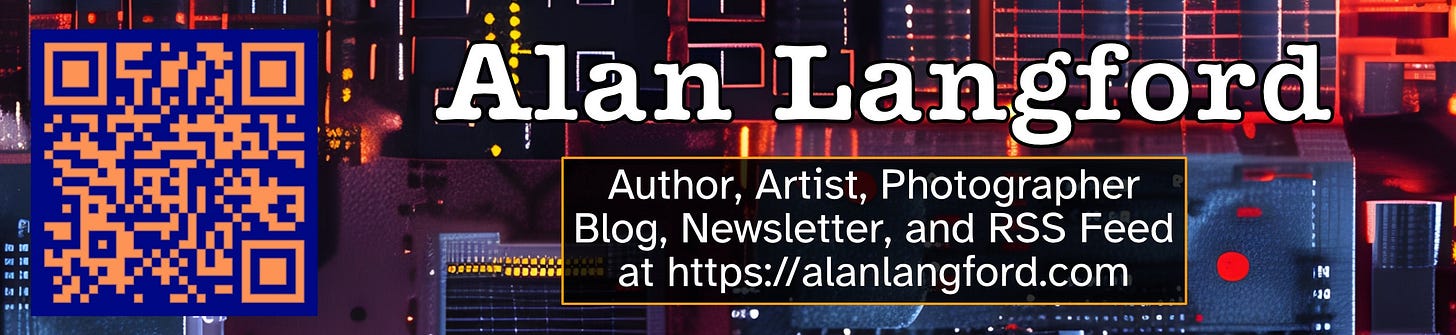 A bookmark with an abstract background of electronics and circuitry. On the left, a QR code. across the top, right of the code the heading "Alan Langford" in white text with a black outline. Underneath the heading a box with a thin yellow outline that contains the text "Author, Artist, Photographer. Blog, Newsletter, and RSS feed at https://alanlangford.com"