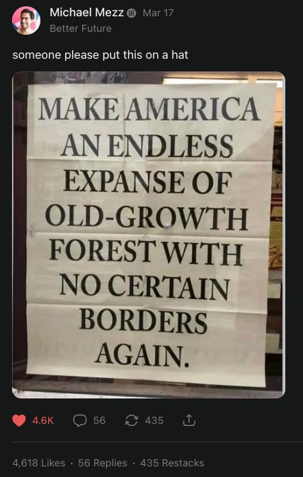 Screenshot of a social media post by Michael Mezz on the platform Better Future, dated March 17. The post reads "someone please put this on a hat" above a photo of a hand-lettered sign that reads: "MAKE AMERICA AN ENDLESS EXPANSE OF OLD-GROWTH FOREST WITH NO CERTAIN BORDERS AGAIN."