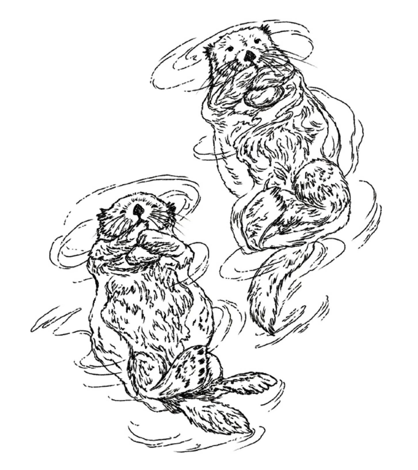A drawing of two otters floating on their backs in swirls of water A drawing of two otters floating on their backs in swirls of water
