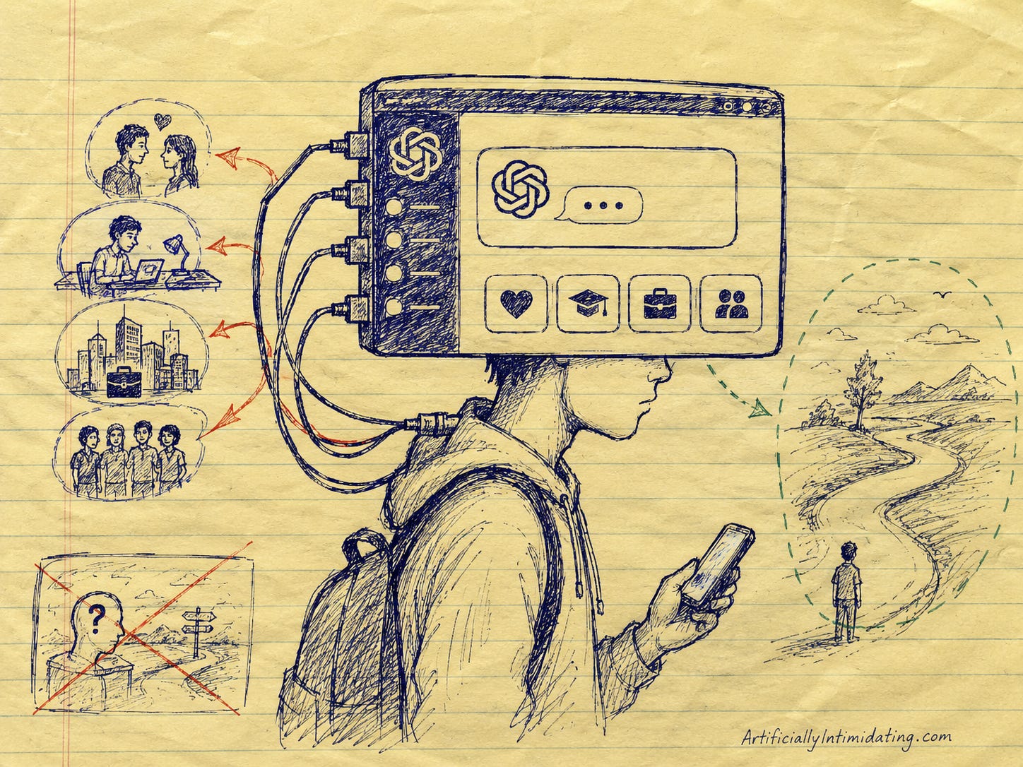Ai Created Hand-drawn sketch on yellow legal pad paper showing a young person whose head has been replaced by a large ChatGPT-style interface connected by cables to different life choices like relationships, school, work, and friendships, symbolizing AI becoming the operating system for decision-making.