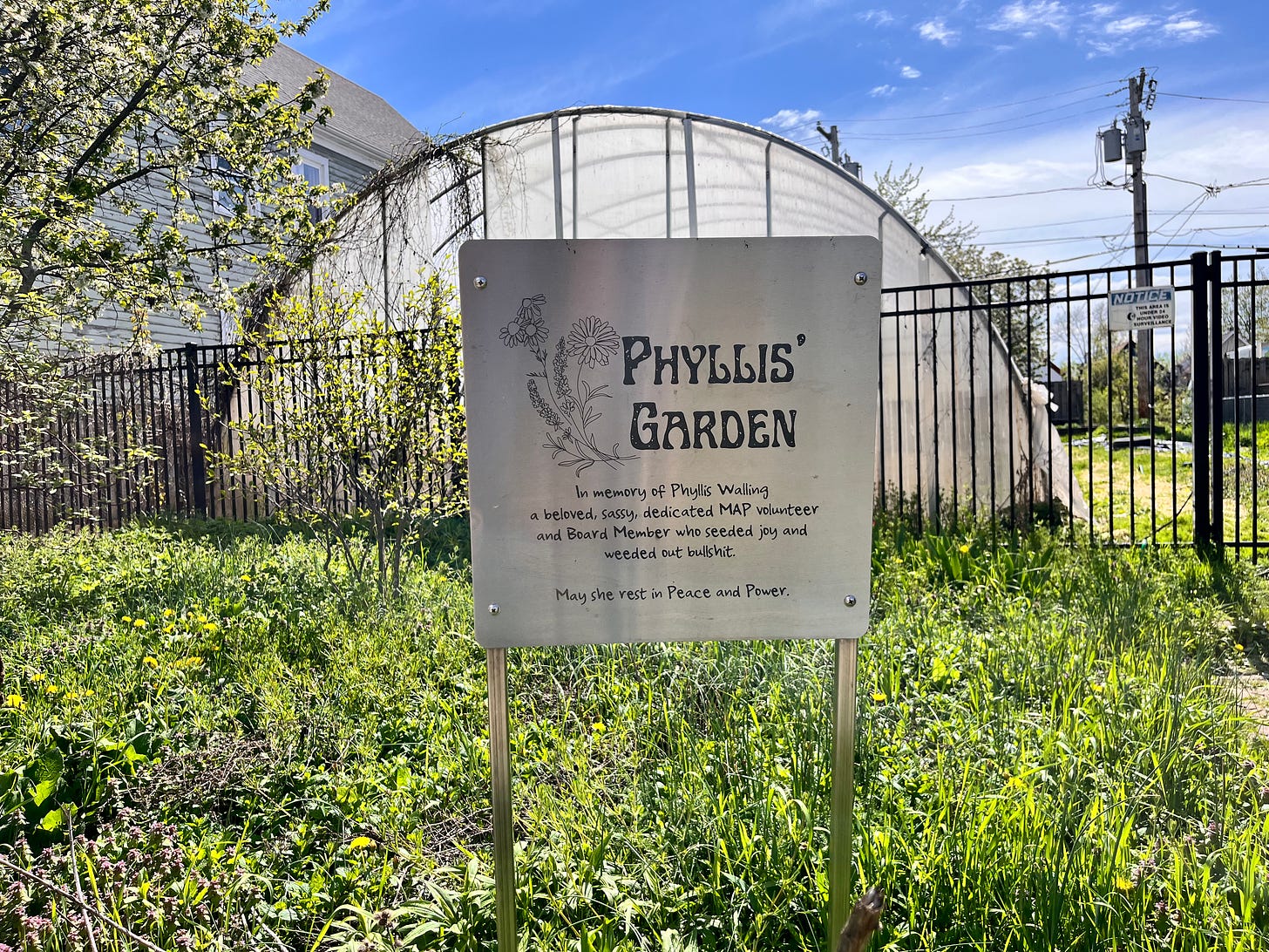 A plaque honors a former board member of MAP, with a hoop house in the background and a vivid blue sky.