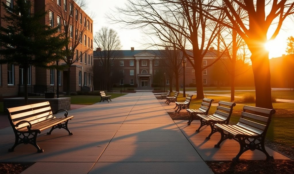 An empty campus walkway lined with benches and trees in warm evening sunlight