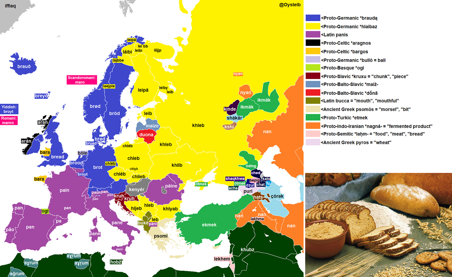 Map of Europe with the word for "bread" in various languages.