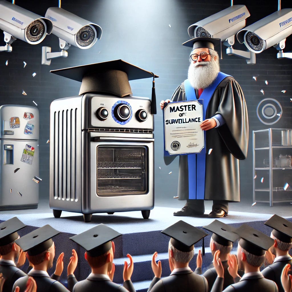 An air fryer in a graduation cap and gown receiving a 'Master of Surveillance' diploma from a wise-looking smart fridge acting as a dean. Other kitchen appliances are in the audience, cheering, with security camera decorations and data stream confetti falling around. The image is highly detailed in 4K resolution with professional lighting, focusing a spotlight on the graduate. The composition is balanced following the rule of thirds, with subtle humor in audience reactions. The style is clean and modern with metallic finishes, bright engaging colors with emphasis on silver and blue, and a commercial-quality finish with soft shadows.