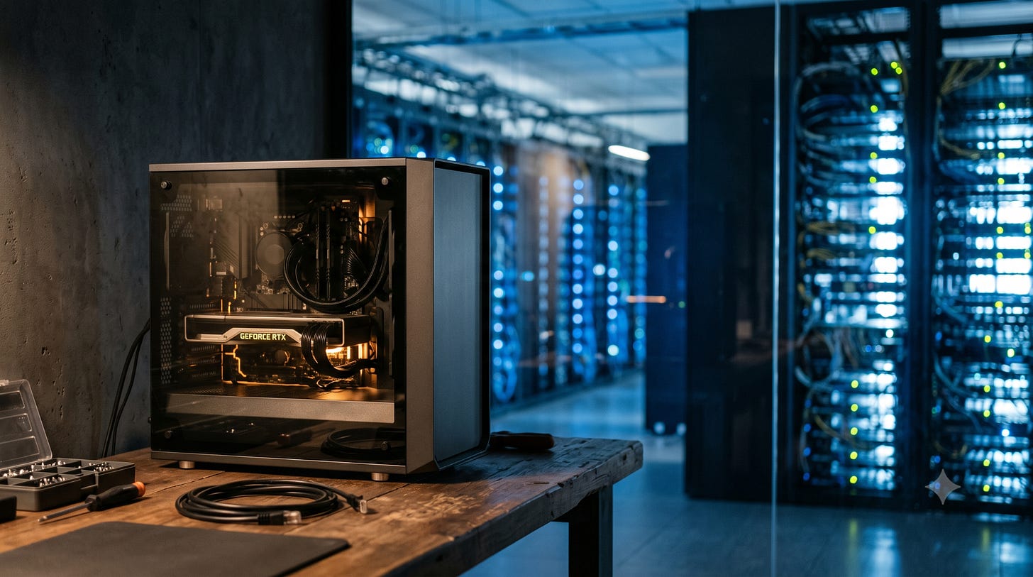 A modest desktop server with a single consumer GPU glowing amber in the foreground, a vast blue hyperscale datacenter blurred behind glass in the distance, illustrating that the real AI threat to defenders is cheap local models on modest hardware, not frontier models.