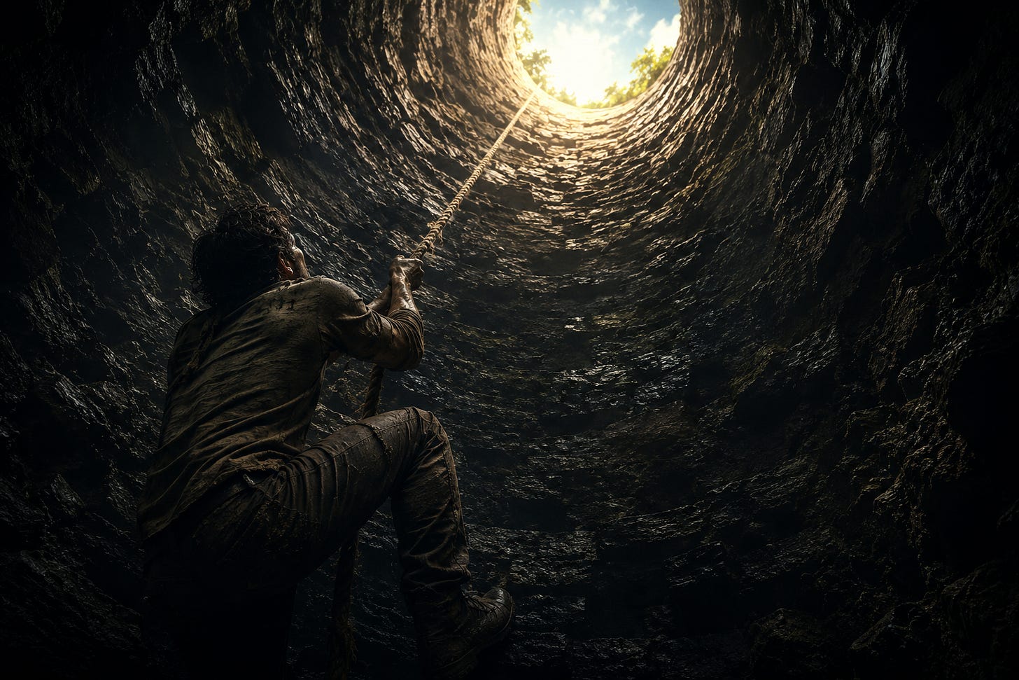 A cinematic landscape image of a lone man climbing a thick rope inside a deep, circular stone pit. The perspective looks upward from inside the dark well as the man struggles toward a bright opening filled with sunlight and hints of greenery above. The rough rock walls are wet and shadowed, creating a dramatic contrast between darkness below and light above. The image conveys themes of resilience, transformation, survival, and the difficult climb toward freedom and self-discovery.