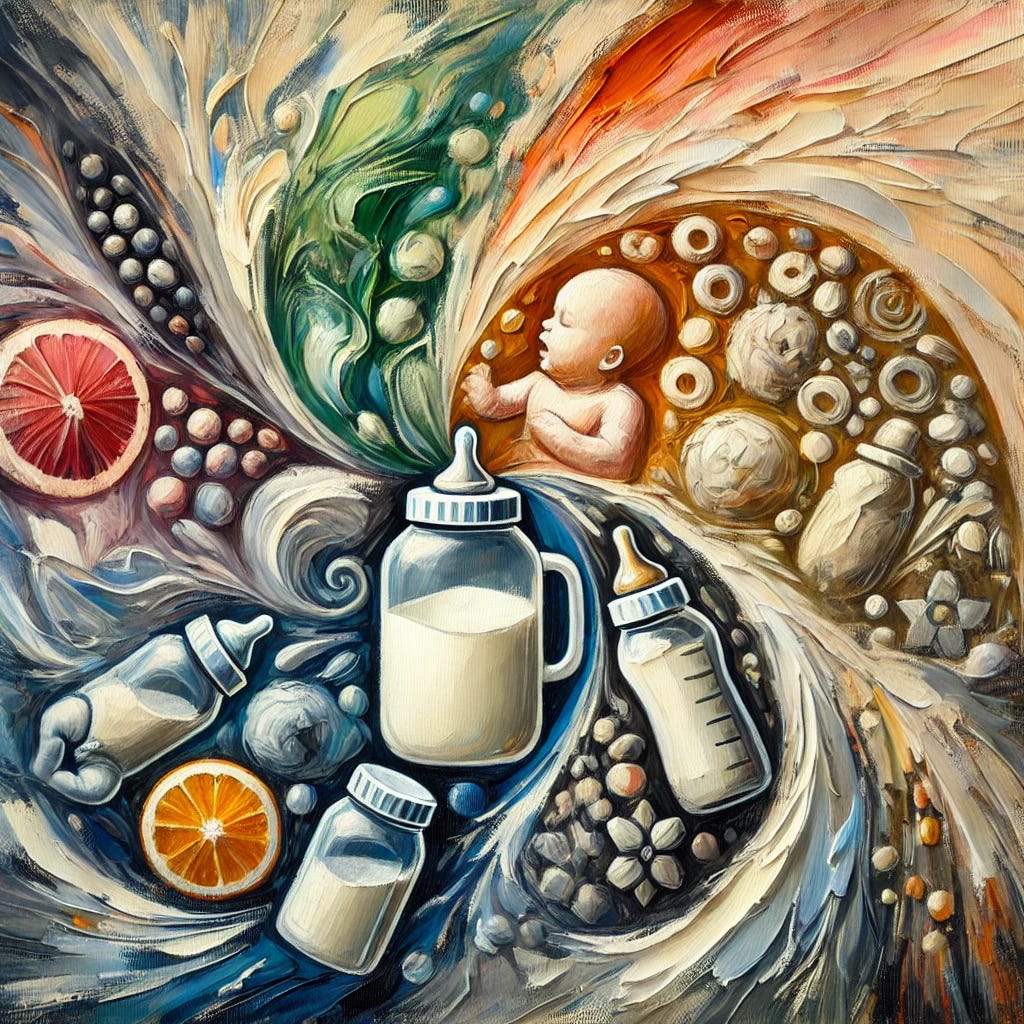 An abstract oil painting with bold, textured brush strokes, exploring themes of infant nutrition, breastfeeding, and the problematic origins of the infant formula industry. Highlight contrasts between natural, vibrant elements symbolizing breastmilk’s complex nutritional benefits and darker, muted tones representing commercial formula's deficiencies and exploitation. Use dynamic shapes and contrasting colors to illustrate regulatory failures, economic exploitation, and the profound long-term health impacts. Avoid any text or human figures, focusing on symbolic abstraction.