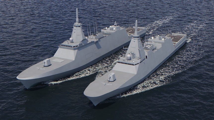 A graphic showing two warships next to each other. One is smaller. 