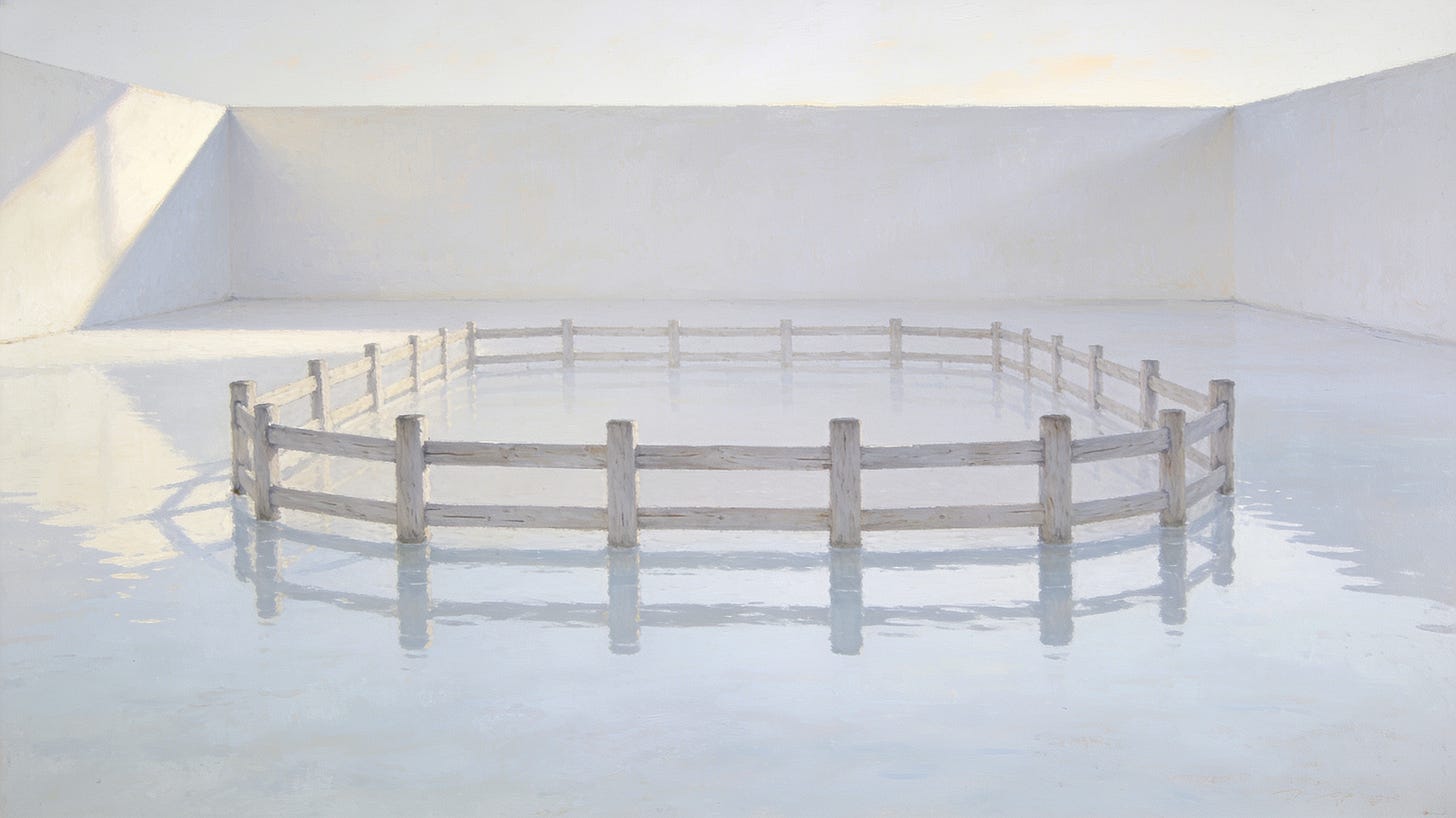 A pale empty room, its floor covered wall to wall in a still sheet of shallow water. In the middle stands a low wooden post-and-rail fence, closed in a complete ring. Nothing is inside the ring. The same water runs under the rails and on past the fence in every direction. A pale empty room, its floor covered wall to wall in a still sheet of shallow water. In the middle stands a low wooden post-and-rail fence, closed in a complete ring. Nothing is inside the ring. The same water runs under the rails and on past the fence in every direction.
