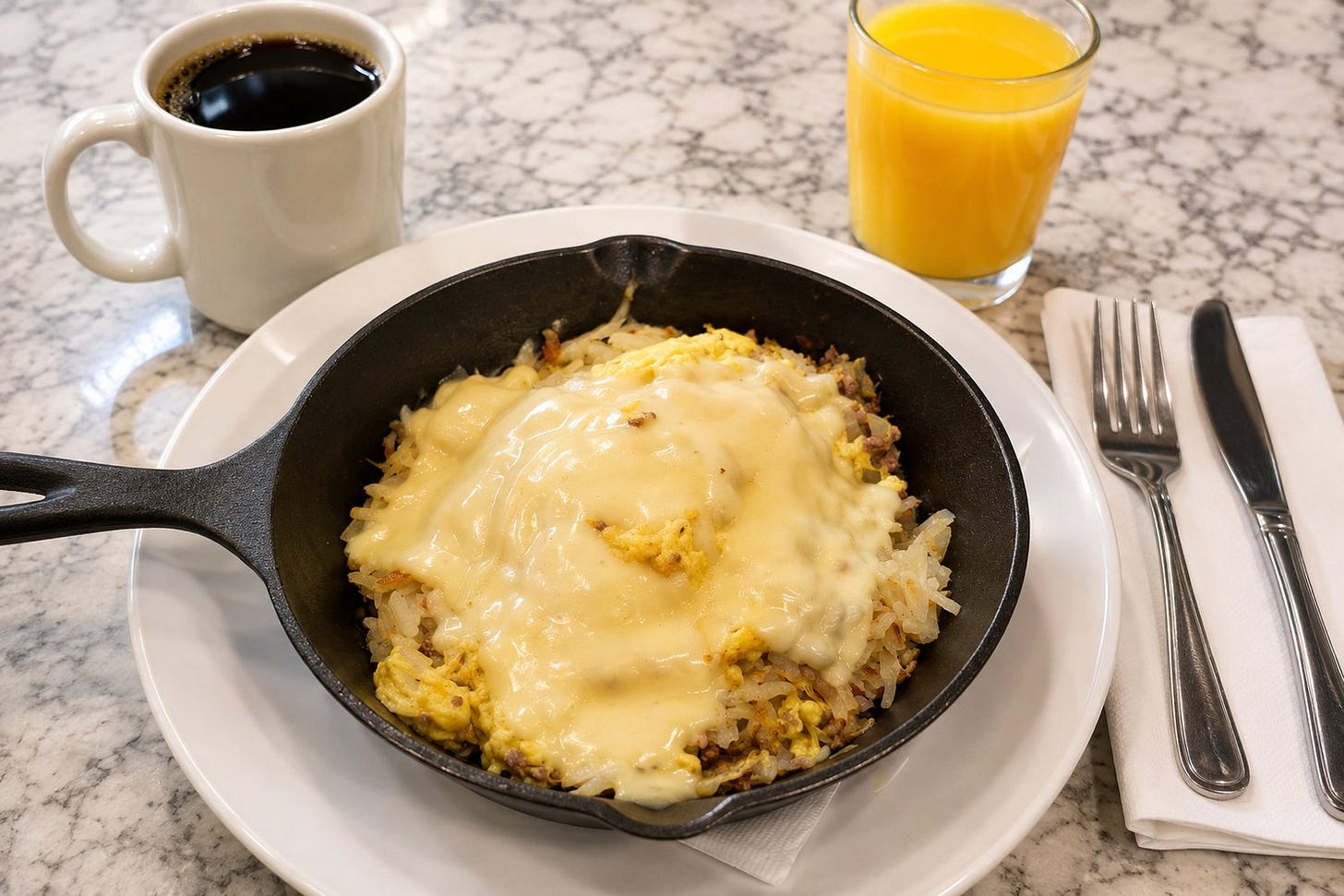 Cast-iron breakfast skillet with scrambled eggs, hash browns and melted cheese, coffee and orange juice Cast-iron breakfast skillet with scrambled eggs, hash browns and melted cheese, coffee and orange juice