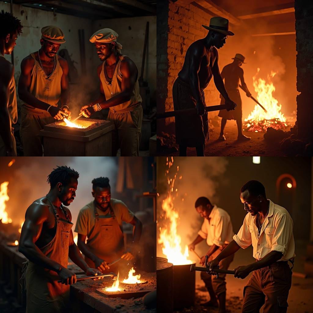 18th-century Jamaican foundry workers in worn, earth-toned clothing, hammering away at glowing hot metal, amidst a bustling Morant Bay foundry, pioneers a groundbreaking technique for mass-producing wrought iron from scrap iron, as sunlight filters through the thatched roof, casting dramatic shadows, in a warm, golden light