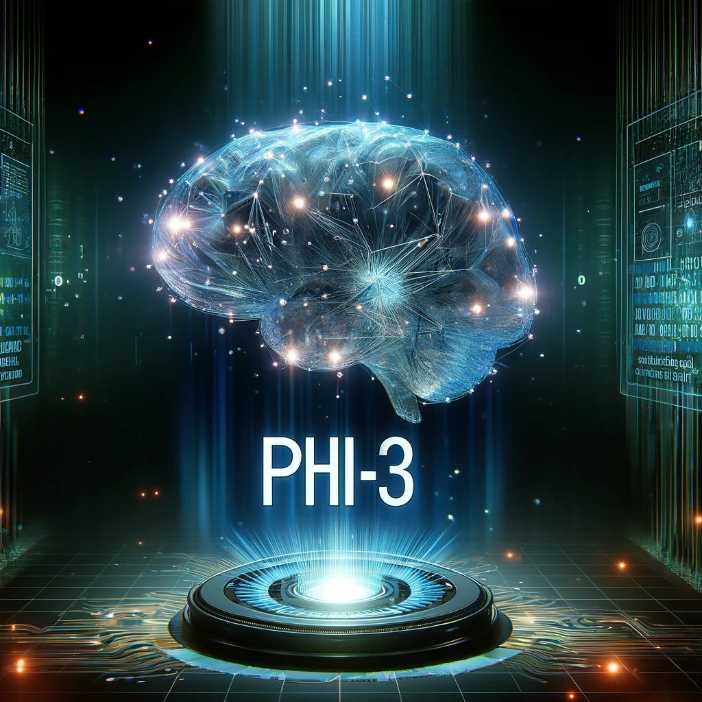 A digital representation of the announcement 'Microsoft launches Phi-3, its smallest AI model yet'. The image features a large, glowing, futuristic AI brain labeled 'Phi-3' at the center, surrounded by digital data streams and binary codes. The background is dark with hints of neon blue and green, symbolizing cutting-edge technology. The scene conveys a sense of innovation and compact power in technology.