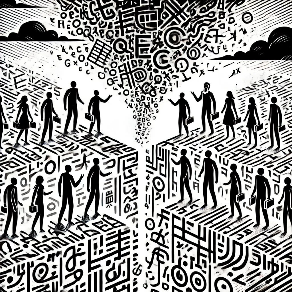 A black and white contour image representing human beings disconnected by language barriers. The image should show multiple silhouetted figures standing on separate islands of text and symbols, with no bridges or paths connecting them. Each island is filled with a unique script or alphabet that symbolizes different languages. The figures should be reaching out toward each other but unable to cross the gaps. Above them, a swirling cloud of jumbled letters and fragmented binary code looms like a dark storm, suggesting miscommunication and isolation. The style should be minimalist and abstract, with a focus on conveying the themes of disconnection and fragmentation.