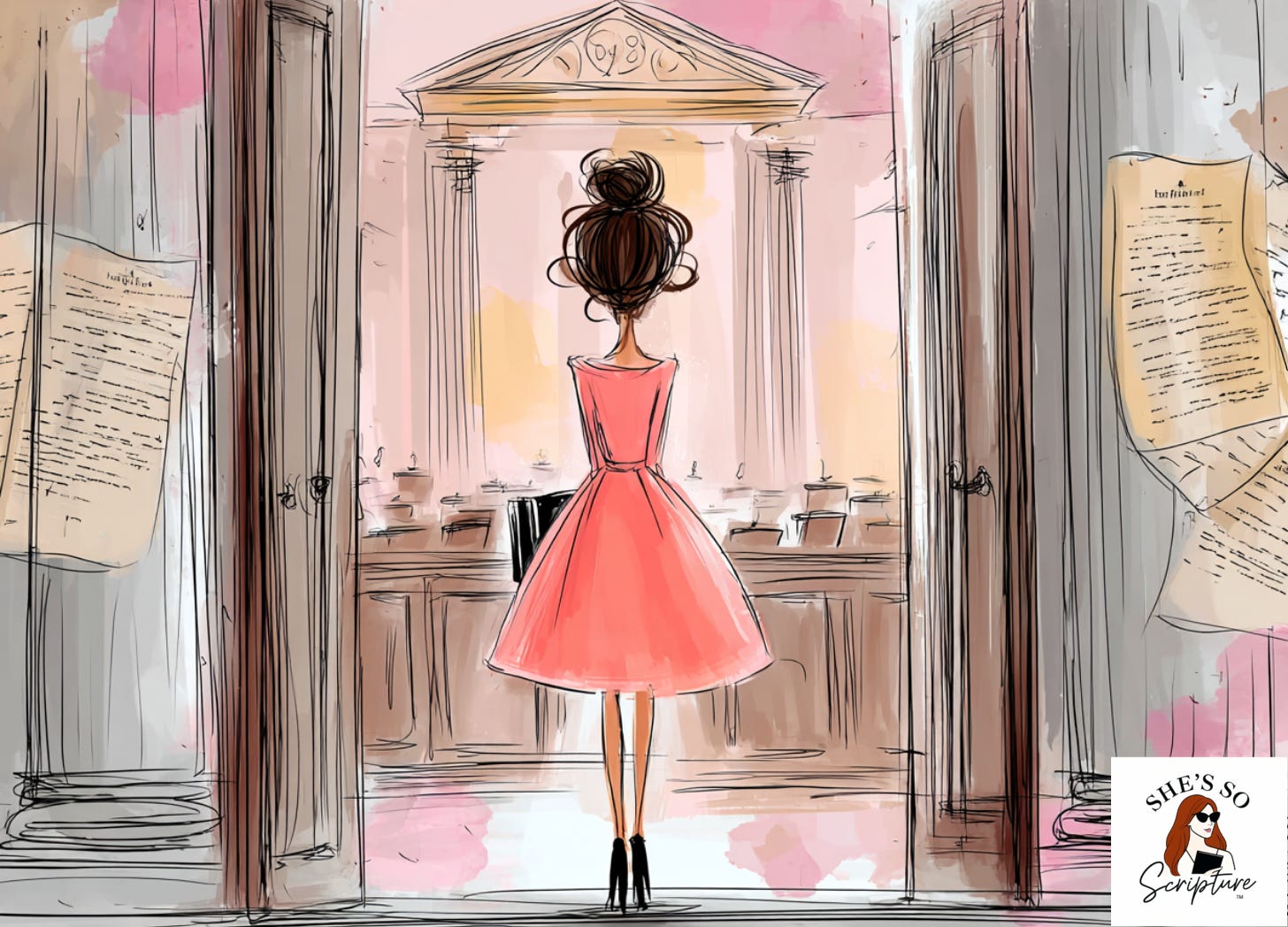 Whimsical fashion illustration of a woman standing before a grand courtroom doorway surrounded by Torah scrolls, in blush pink and cream tones with soft gold accents. Whimsical fashion illustration of a woman standing before a grand courtroom doorway surrounded by Torah scrolls, in blush pink and cream tones with soft gold accents.