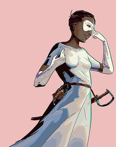 A dark-skinned woman wearing all white, with a mask over her eyes and a sabre at her side. A dark-skinned woman wearing all white, with a mask over her eyes and a sabre at her side.