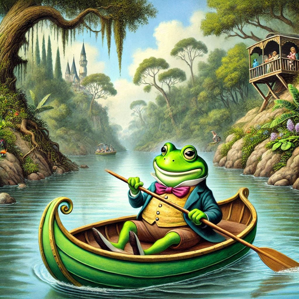 mr. toad paddling down the swanee river in a pea-green boat