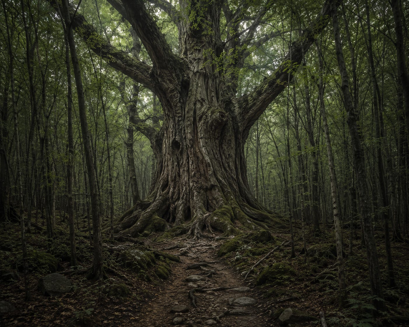 An impossibly massive ancient tree stands in the middle of a dark mountain forest, surrounded by much younger, thinner trees, with a narrow rocky trail leading toward its roots.