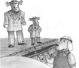 G.G. the sea dog eyes two suspicious-looking moose standing on the dock.