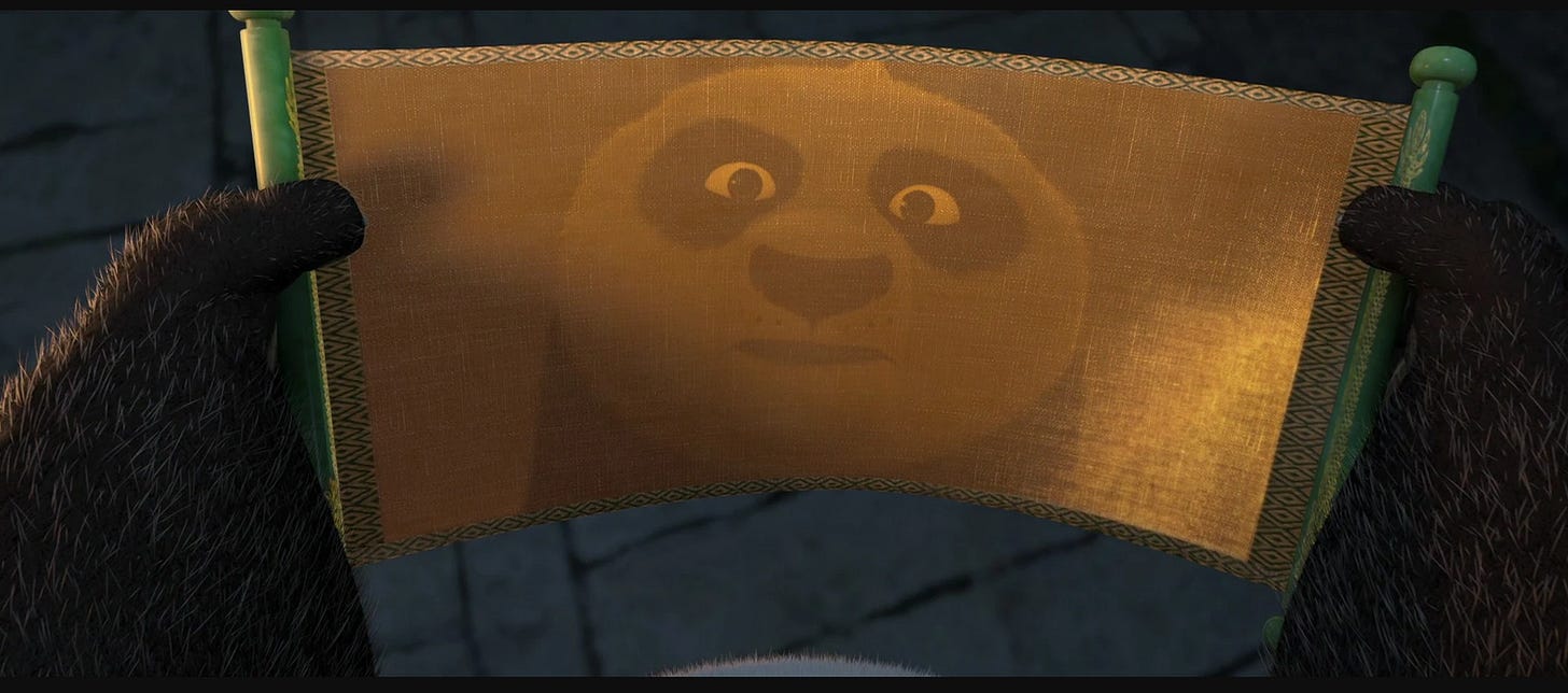 A scene in the kids movie, Kung Fu Panda, where a panda named Po looking at his reflection in the dragon scroll A scene in the kids movie, Kung Fu Panda, where a panda named Po looking at his reflection in the dragon scroll