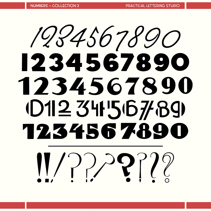 Practical Lettering Studio Numbers Collection, sheets 1 through 4. Four specimen sheets displaying hand-lettered numeral styles ranging from bold display serifs and condensed sans serifs to brush scripts and delicate fine-line styles. Each sheet shows numerals 0 through 9 with dollar and cent symbols across multiple style variations.