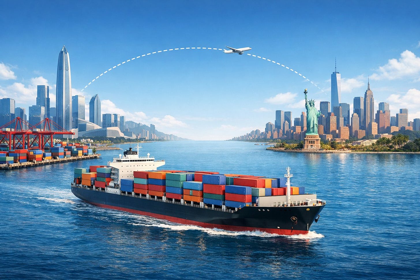 A cargo ship carrying containers sails between the city skyline of Shenzhen and a major American city across the ocean. A cargo ship carrying containers sails between the city skyline of Shenzhen and a major American city across the ocean.