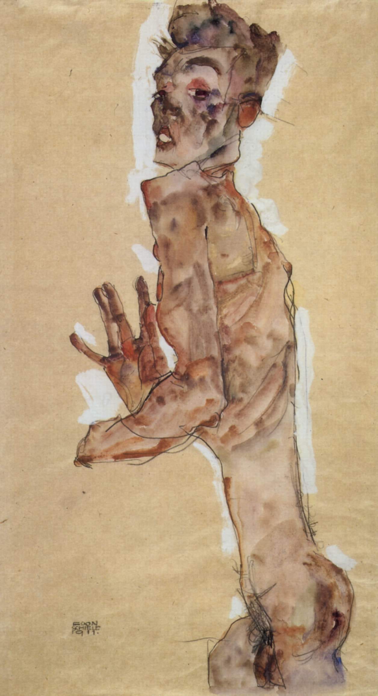 A gaunt self portrait with fingers splayed and twisted in an anxious, theatrical pose A gaunt self portrait with fingers splayed and twisted in an anxious, theatrical pose