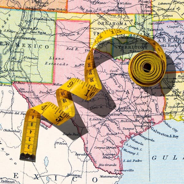 A bright yellow measuring tape lies on its side on a colorful map of Texas and parts of the Southwest and Mexico. 