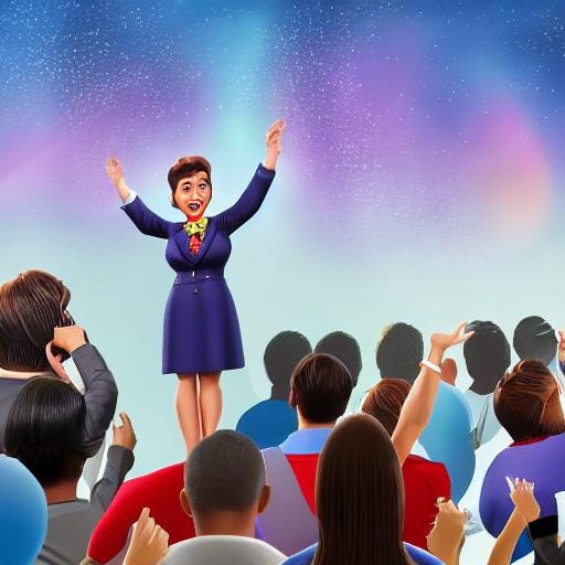 A cartoon of a woman speaking with an enthusiastic audience cheering her on