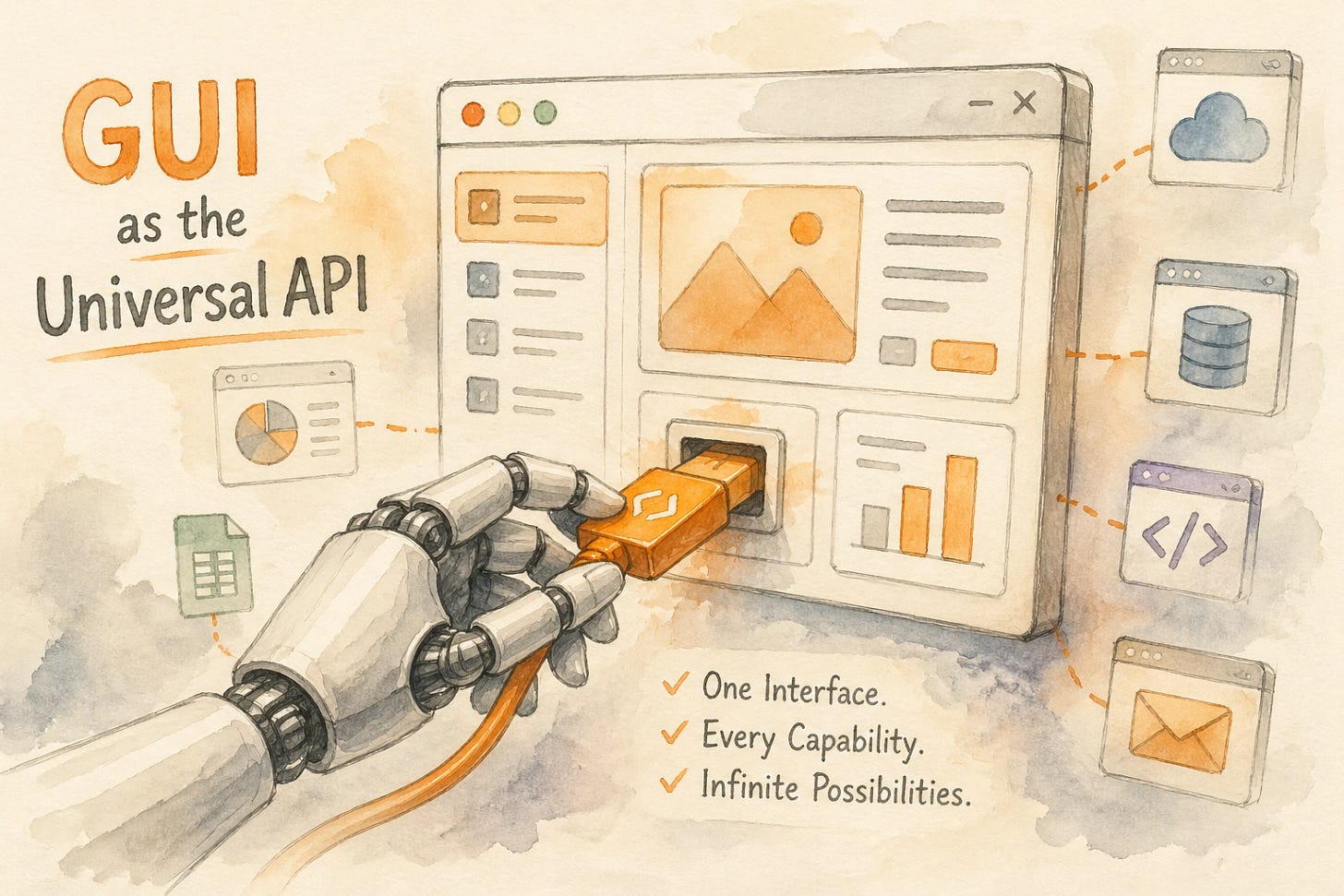 GUI as the universal API: watercolor illustration of a robotic hand connecting a digital cable directly to a desktop application window, showing how AI agents can automate software through its visual interface