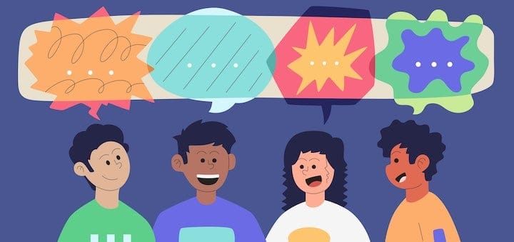 LF-KHS-cultural-feature | MiddleWeb Four friends chatting together, colorful speech bubbles above them in a cartoon style.