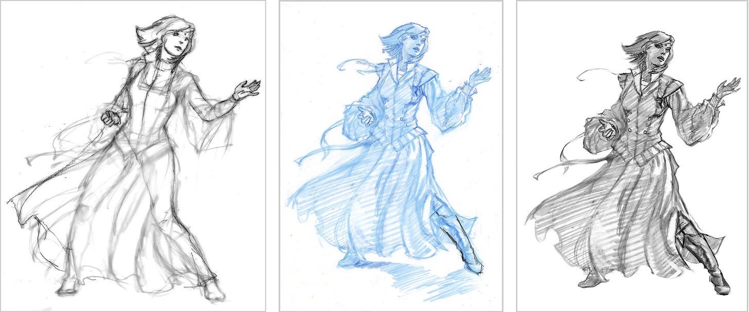 A series of three pencil figure sketches of Nynaeve in angled profile. The left is the least finished. The center is in blue. The right is finished in graphite. The poses are nearly identical with only outline detail of her dress on the left. Her hair is less than shoulder length, flowing with her motion as she reaches out with her left arm and clenches a fist with her right. Her left foot is extended forward escaping the drape of her long skirts. Her dress is structured at the waist and flares at the shoulders.