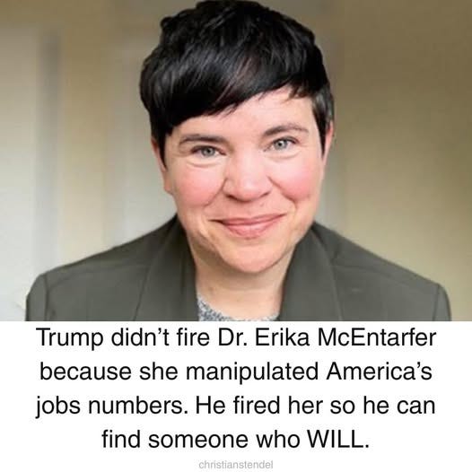 May be an image of 1 person and text that says 'Trump didn't fire fire Dr. Erika McEntarfer because she manipulated America's jobs numbers. He fired her so he he can find someone who WILL. christianstendel'