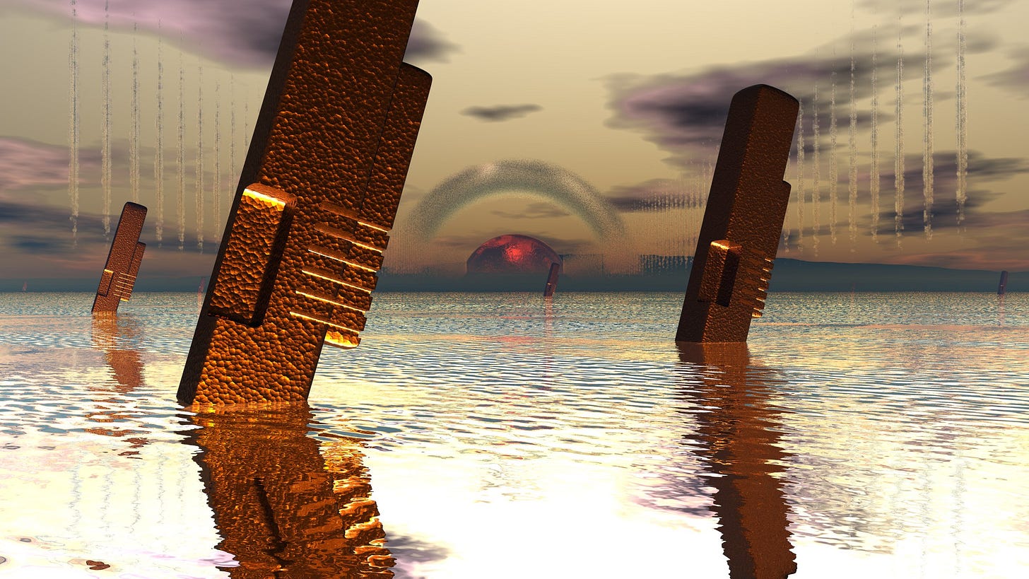 An 3d rendered image of pillars in water An 3d rendered image of pillars in water