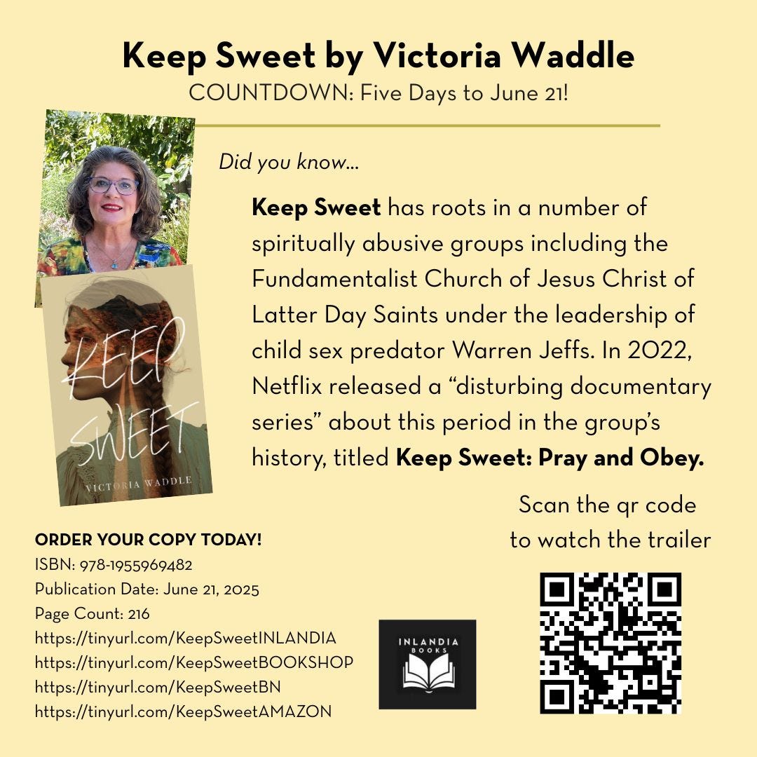 Photo of the author (salt and pepper hair, blue eyes, glasses); the book cover of “Keep Sweet,” described in alt text above; a photo of M&Ms; book ordering information; the text reads: did you know … Keep Sweet has roots in a number of spiritually abusive groups including the Fundamentalist Church of Jesus Christ of Latter Day Saints under the leadership of child sexual predator Warren Jeffs. In 2022, Netflix released a ‘disturbing documentary series’ about this period in the group’s history, titled Keep Sweet: Pray and Obey. Scan the QR code to watch the trailer.”