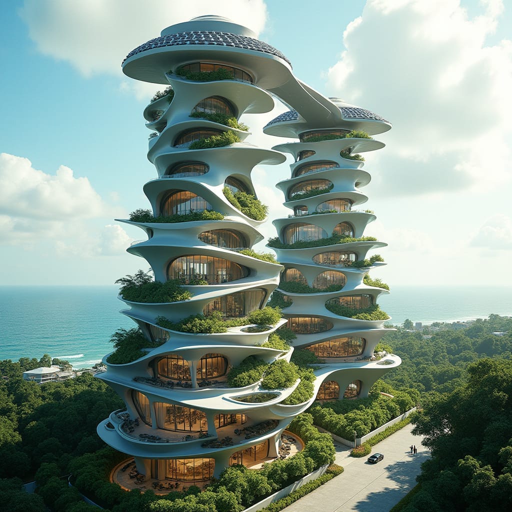 A futuristic commercial building in Jamaica with sleek, flowing lines and bold architectural shapes. Imagine a towering, multi-story structure crafted from reflective glass and steel, curving organically to blend seamlessly with the surrounding landscape. Solar panels line the roof, reflecting the Caribbean sunlight while powering the building. Lush vertical gardens climb its walls, and sky bridges connect the towers at various levels, creating an airy, open feel. Shops and restaurants fill the lower floors, while rooftop terraces offer panoramic views of Jamaica's coastline. The structure embodies sustainability, innovation, and the tropical essence of Jamaica.