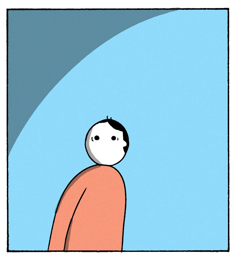 Panel 5: "Comic panel showing the person in deep thought after the mouse's question."