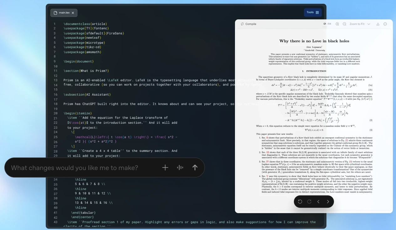 Wide view of Prism LaTeX editing interface showing source code on the left and a compiled academic paper preview on the right, with a floating ChatGPT prompt asking what changes to make, displayed against a light blue gradient background.