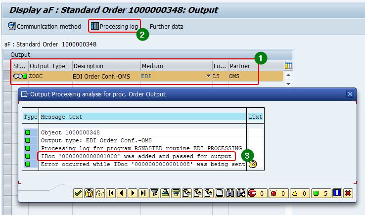 Processing log of generated output from sales order header showing the doc number created. Select the output and click processing log. Pop up window shoes the processing log