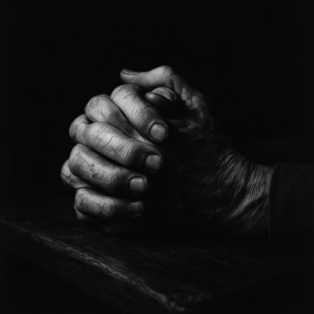Weathered scarred hands clasped in prayer, black and white
