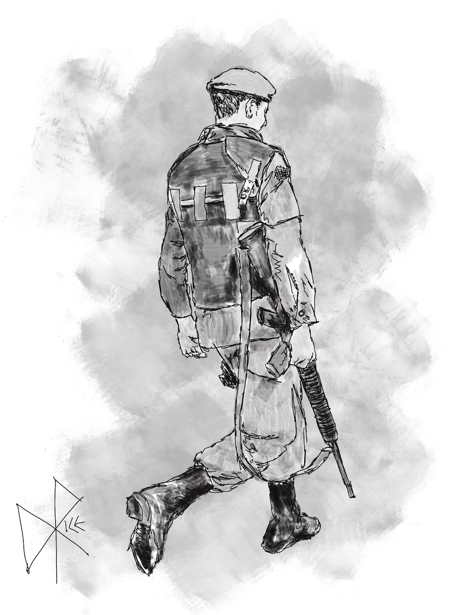 A soldier walking with his rifle in hand. Sketch art by Don Rice.