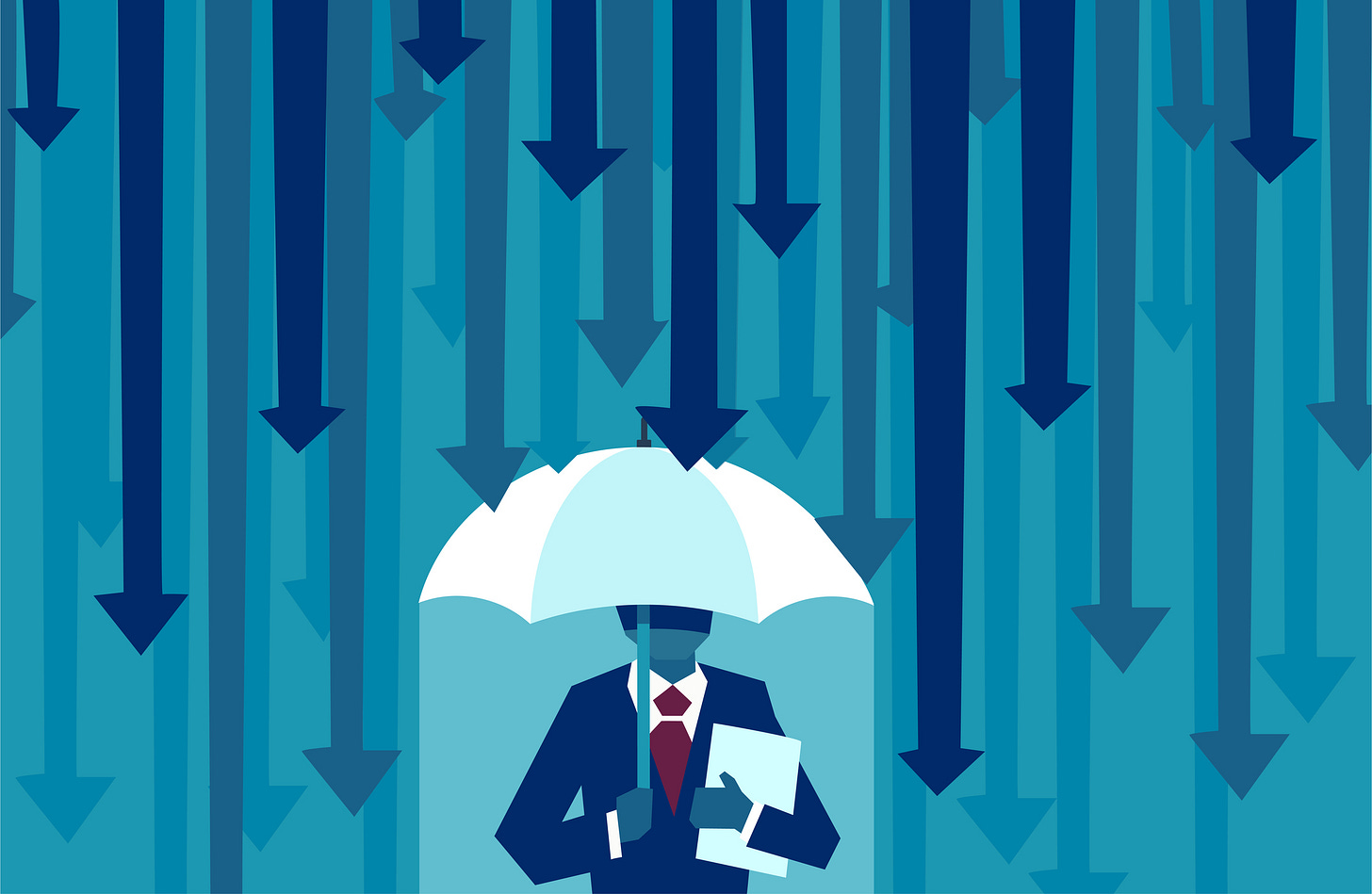 Illustration of a professional wearing a suit and standing under an umbrella to shelter from falling arrows