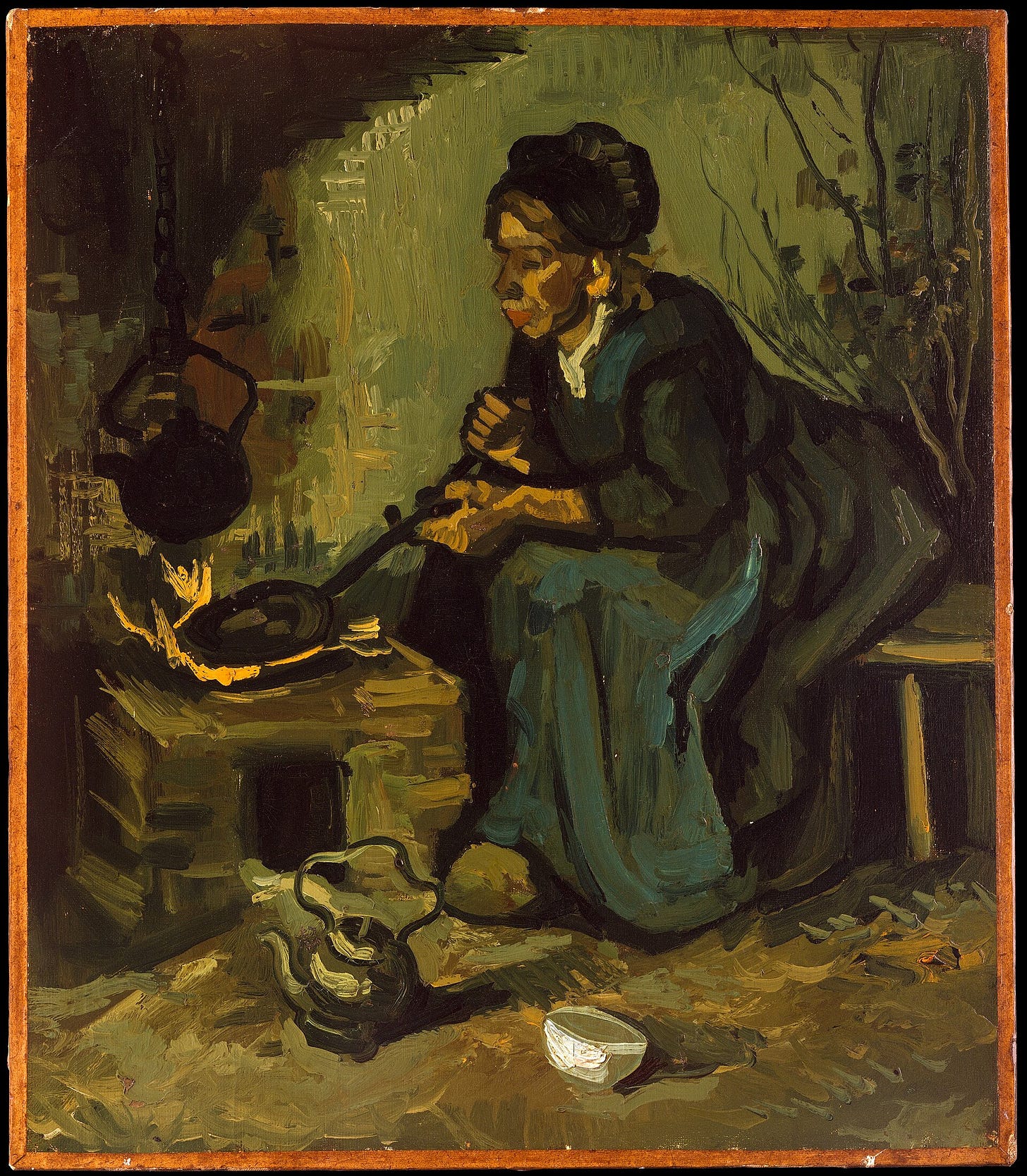 A peasant woman at a fireplace in a dark interior, painted in browns and greens A peasant woman at a fireplace in a dark interior, painted in browns and greens