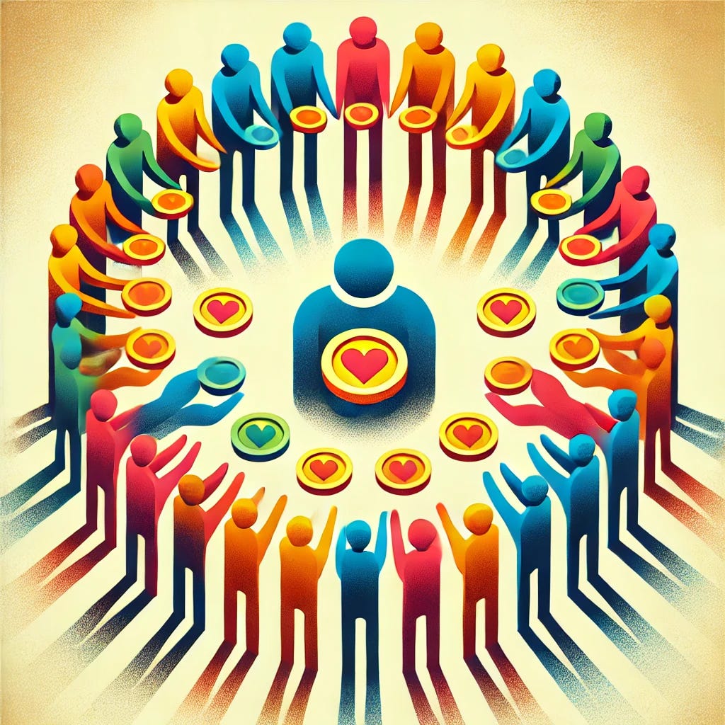 A group of simplified, colorful silhouettes gathered in a circle, each holding a coin or small heart toward the center. The central figure (the creator) is receiving these tokens of support. The image conveys unity, shared effort, and voluntary contribution.