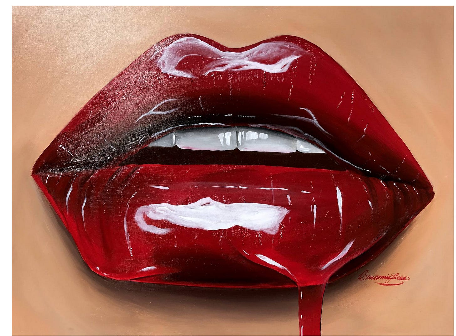 acryllic painting: close-up of lips slightly parted, upper teeth showing, painted blood-red, bottom lip dripping in a blood-like way