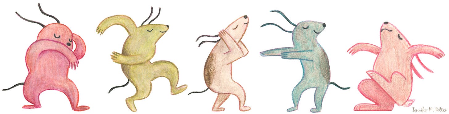 Illustration by Jennifer M Potter of dogs and a rabbit dancing