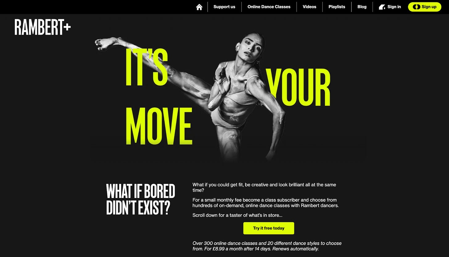 A black background with a black and white image of a dancer in a dynamic pose with one leg in the air, with the words 'It's your move' in lime green over the top. A caption reads What if bored didn't exist? and there is a button inviting users to Try it free today