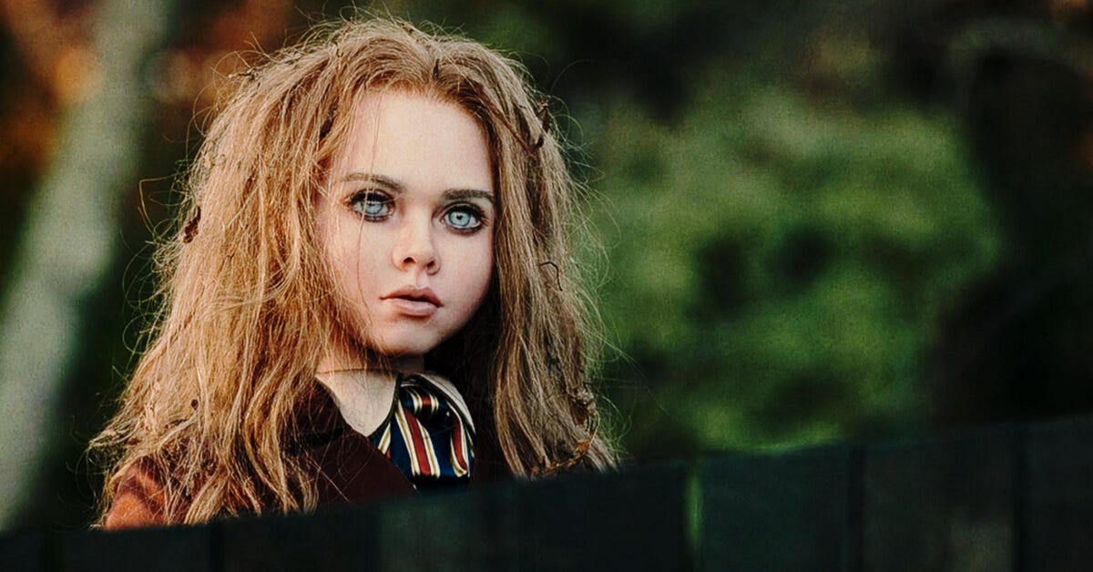 M3GAN peeking over a black fence, hair disheveled, staring intensely. M3GAN peeking over a black fence, hair disheveled, staring intensely.