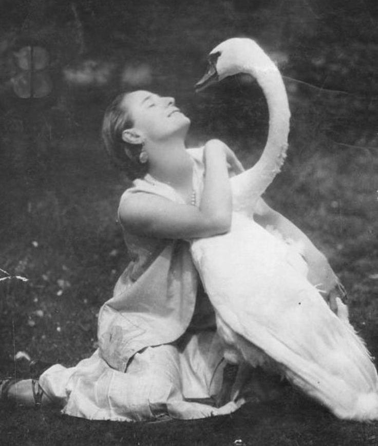 This may contain: a woman sitting on the ground next to a swan