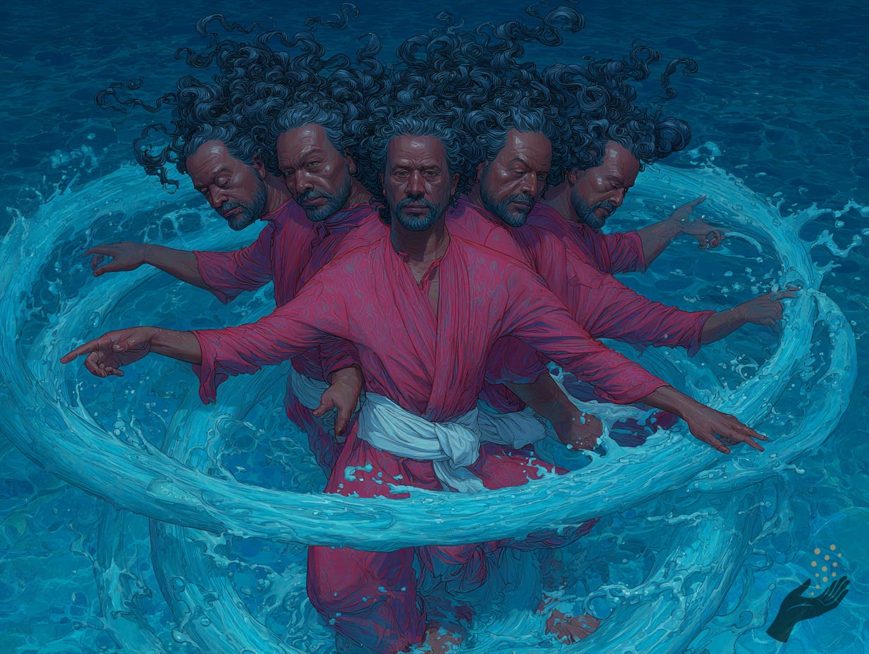 A group of repeated figures in pink robes stands in bright blue water, with multiple heads and outstretched arms extending in different directions as a large arc of water curls around them.